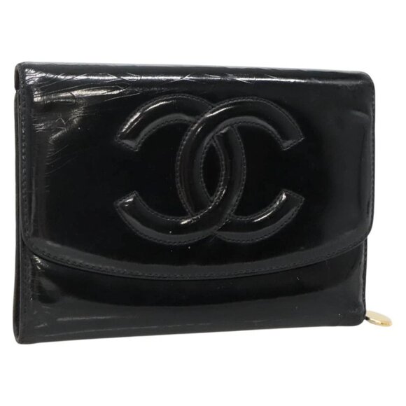 CHANEL Wallet Enamel Black Silver CC Auth - Picture 1 of 16